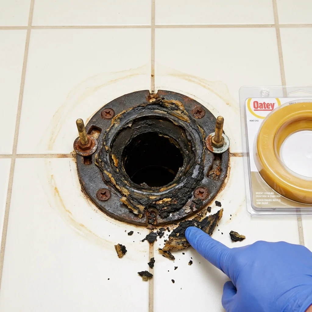 Failed wax ring showing water seepage at the base of a toilet in a Pittsfield, ME home