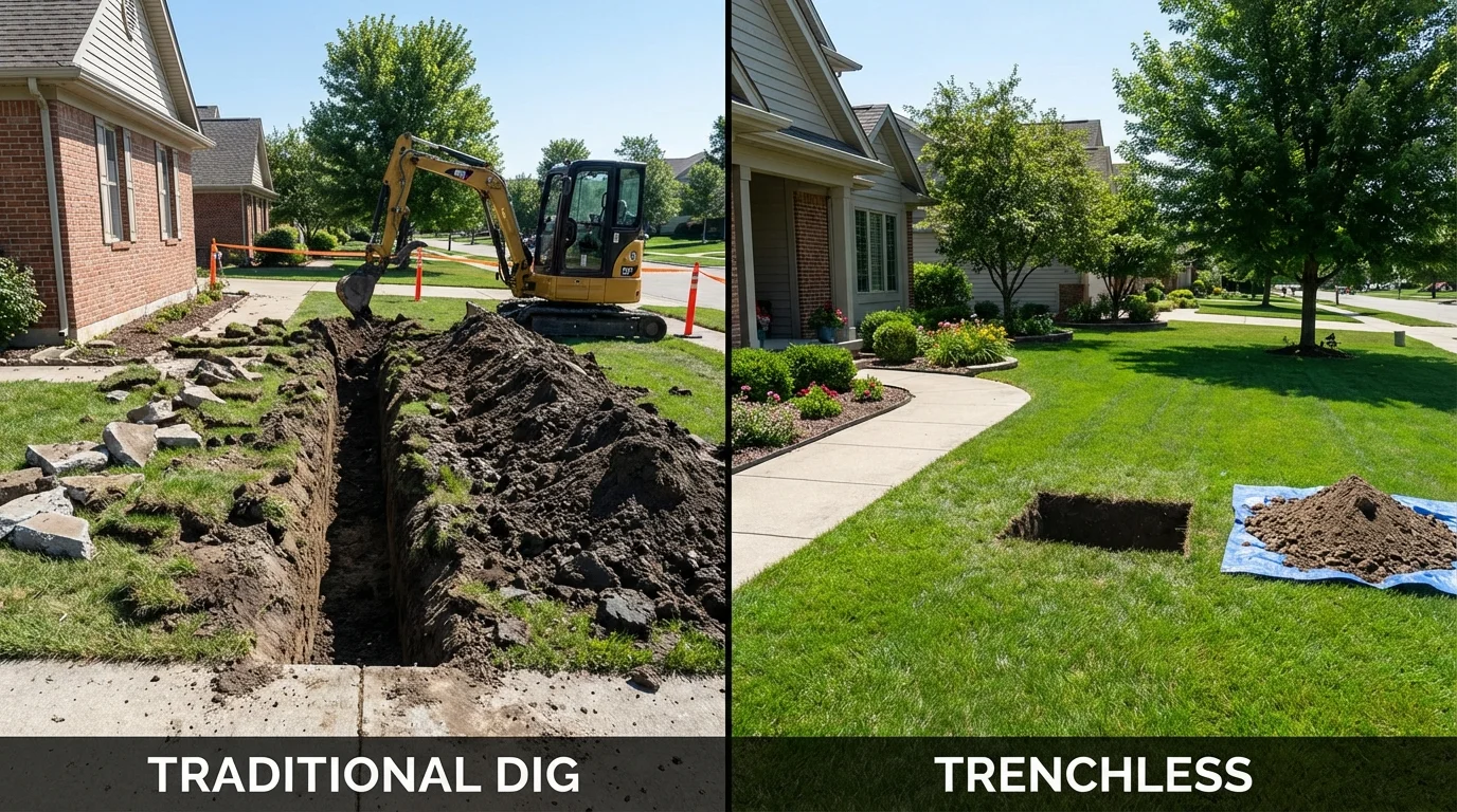 Trenchless sewer repair with minimal yard damage versus traditional excavation in Pittsfield, ME