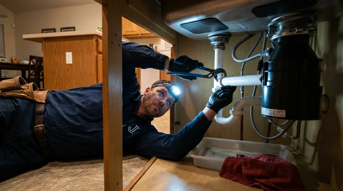P-trap and supply line connections under a kitchen sink showing a common leak point in Pittsfield, ME